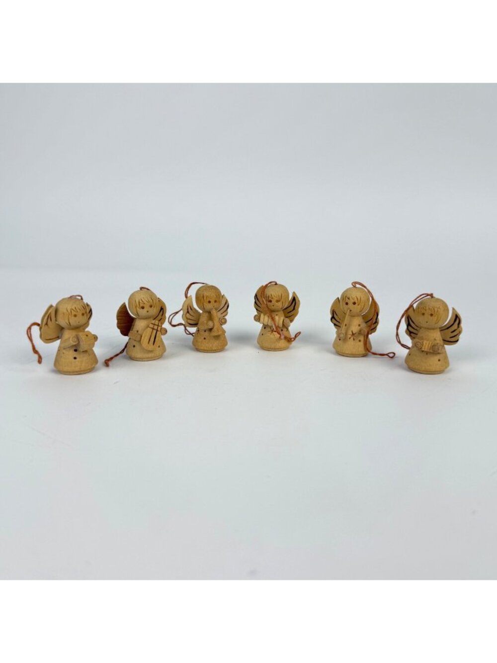 Vintage Set of 6 Miniature Carved Wood Angel Musician Ornaments